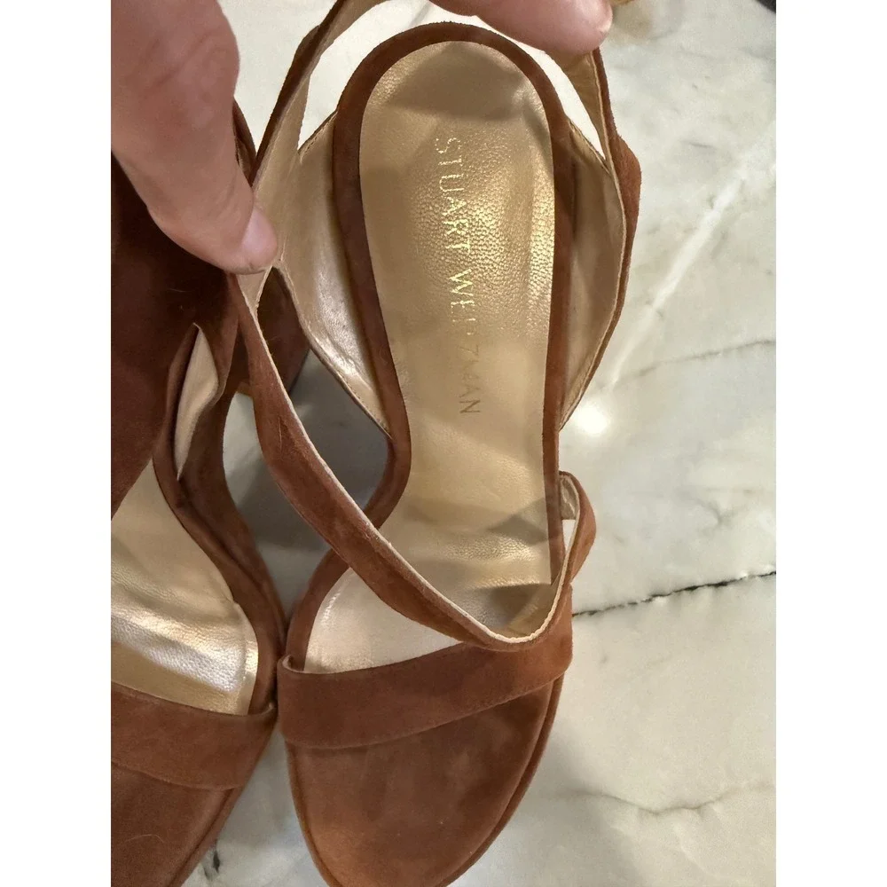 Stuart Weitzman Brown Suede Saucy Platform Wedge Sandals Ankle Strap Heels 9.5 M
